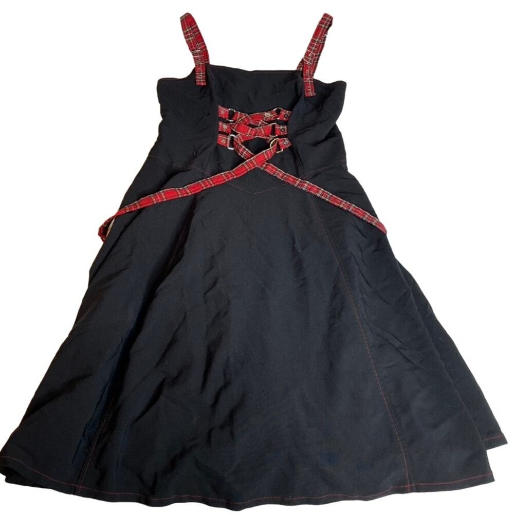 Lip Service Vintage Mall Goth Plaid Trim Lace Up Midi Dress Black Red 47-00-T